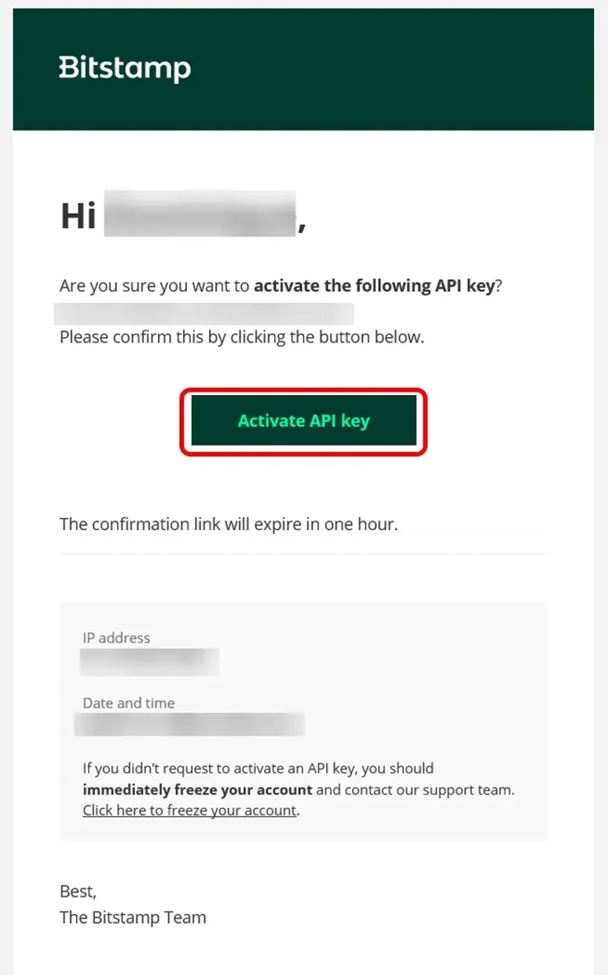 close-up Screenshot van Bitstamp met een aanwijzing voor activeren api key