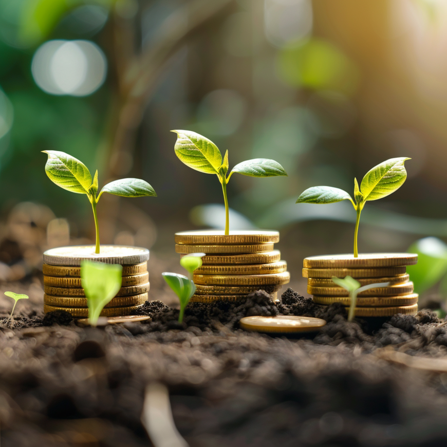 Drie stapels munten met groene spruiten die erop groeien, op de grond voor een wazige achtergrond van bomen en zonlicht.