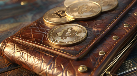 Een tweetal portomonees met daarboven op een vijftal bitcoins.