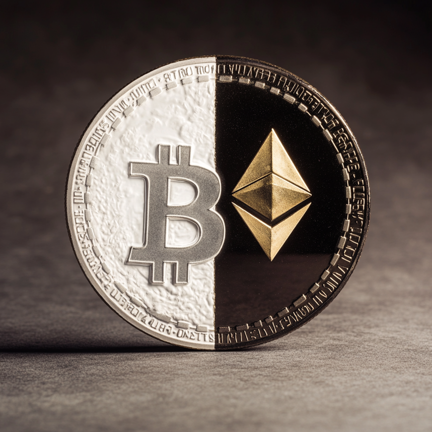 Een munt met aan de linker kant bitcoin en de rechter kant ethereum