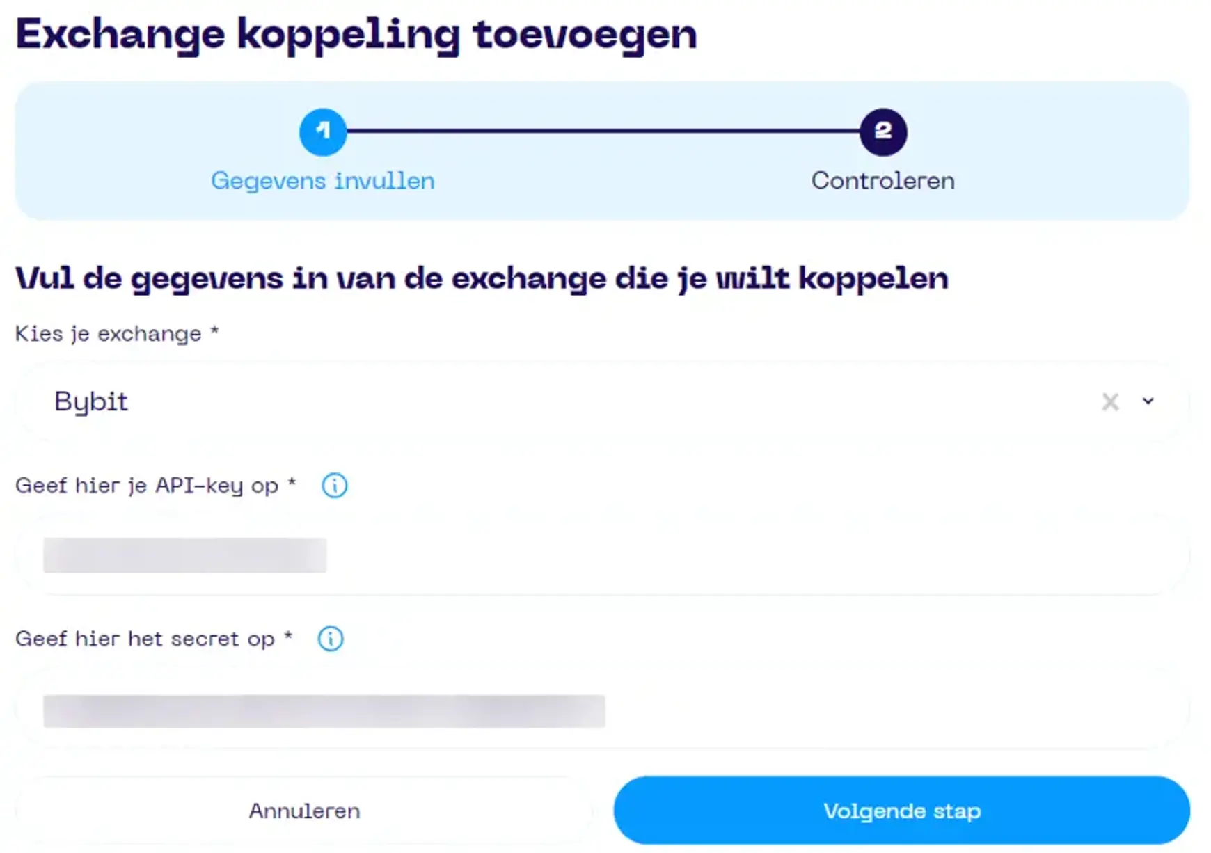 Een screenshot van de Portfolio App met schermonderdeel aanwijzingen voor koppelen van Bybit stap 1