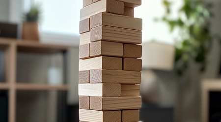 Een stapel houten bloken netjes in een stapel tot toren gemaakt.