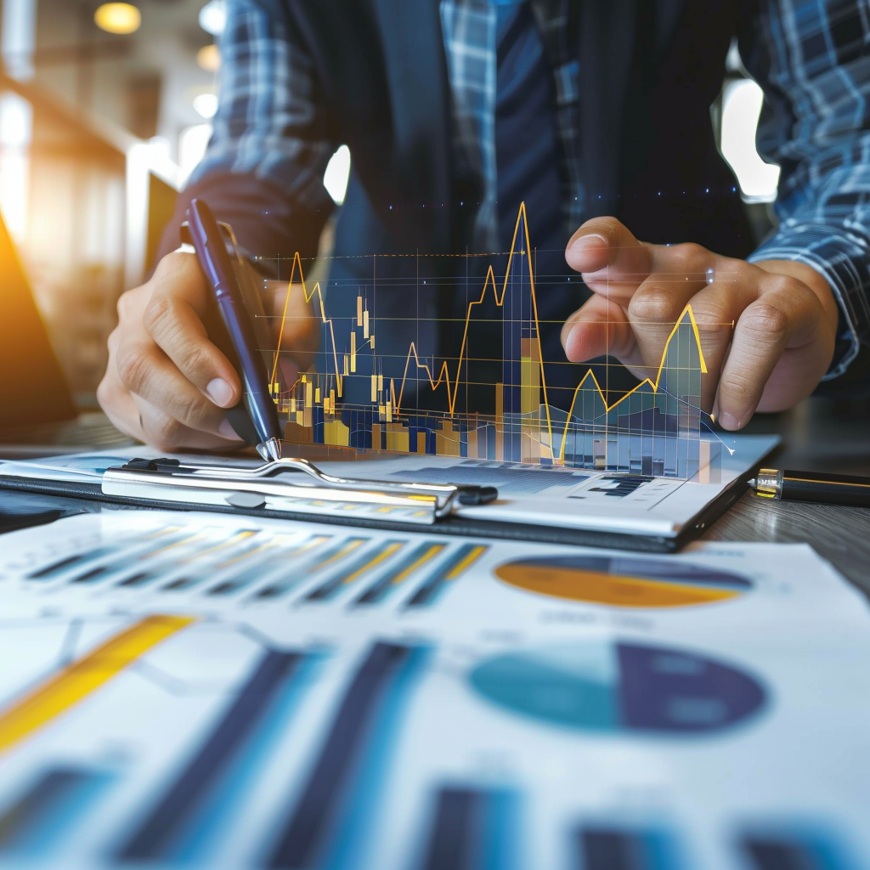 Fotorealistische weergave van portfoliobeheer met grafieken en financiële gegevens.