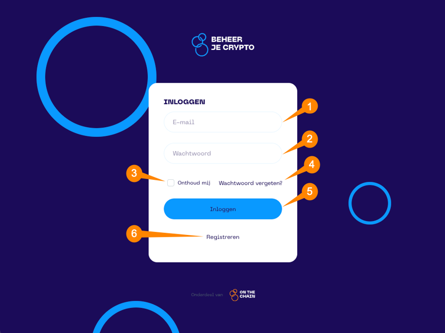 Een screenshot van de Portfolio App met schermonderdeel aanwijzingen voor het inlog scherm