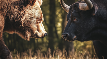 Een beer en een stier die naar elkaar staren.