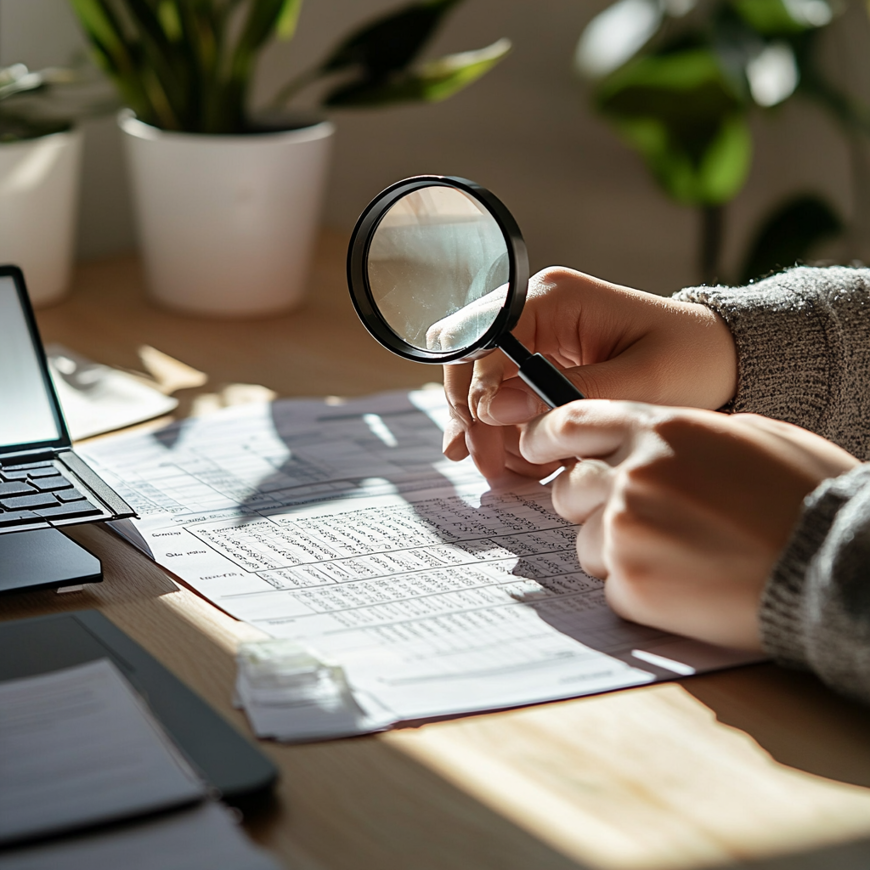 Iemand aan een tafel met een vergrootglas in de hand die kijkt naar een papieren spreadsheet.