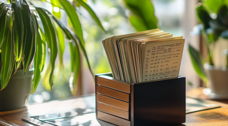 Een ouderwets kaartenbak met contact gegevens