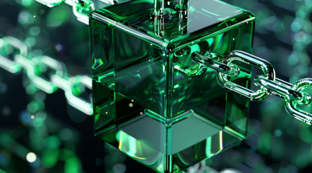 Een groen gekleurde plaatje van een blockchain met een close-up van een block.