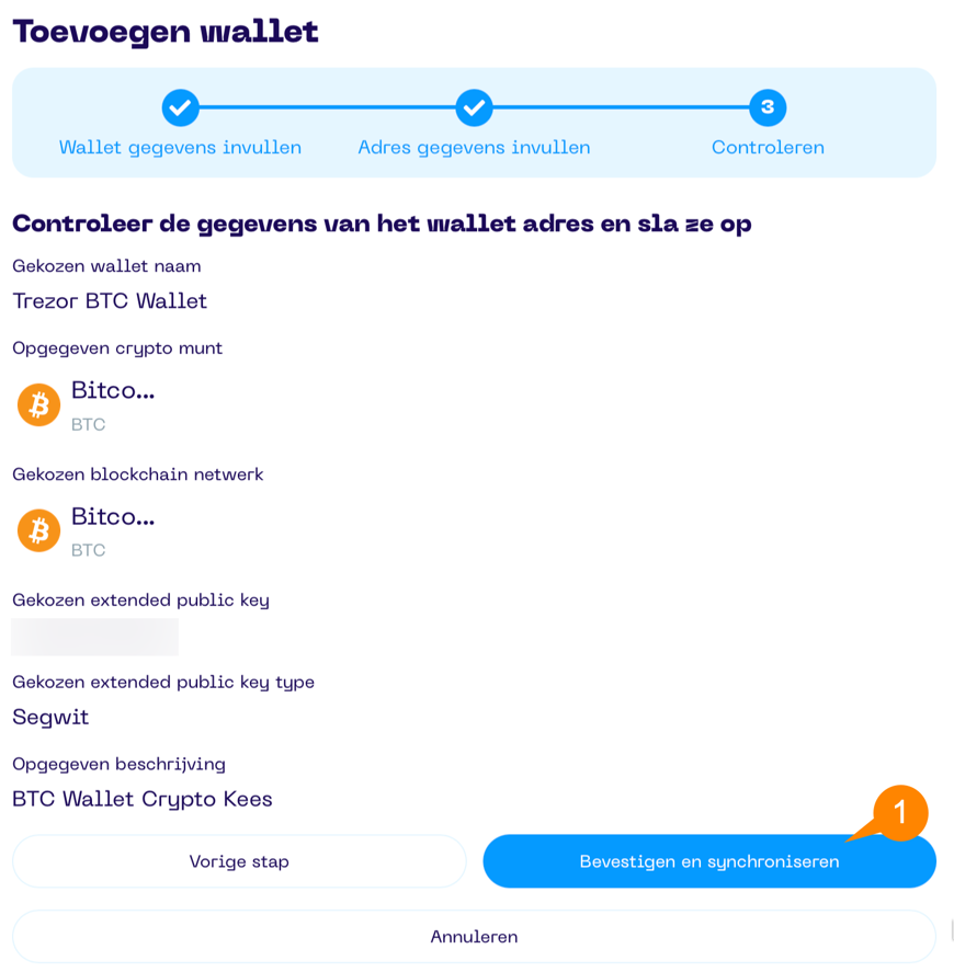 Een screenshot van de Portfolio App met schermonderdeel aanwijzingen voor het wallet toevoegen scherm 3