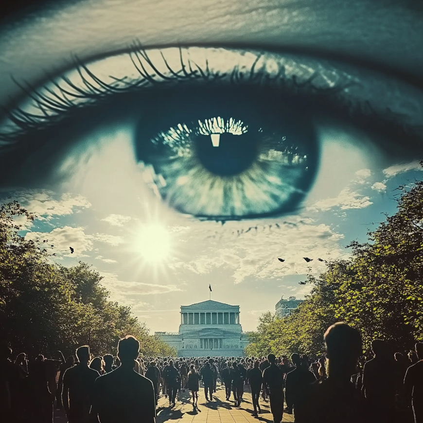 Een groep mensen voor een overheidsgebouw met een grote ook in de hemel