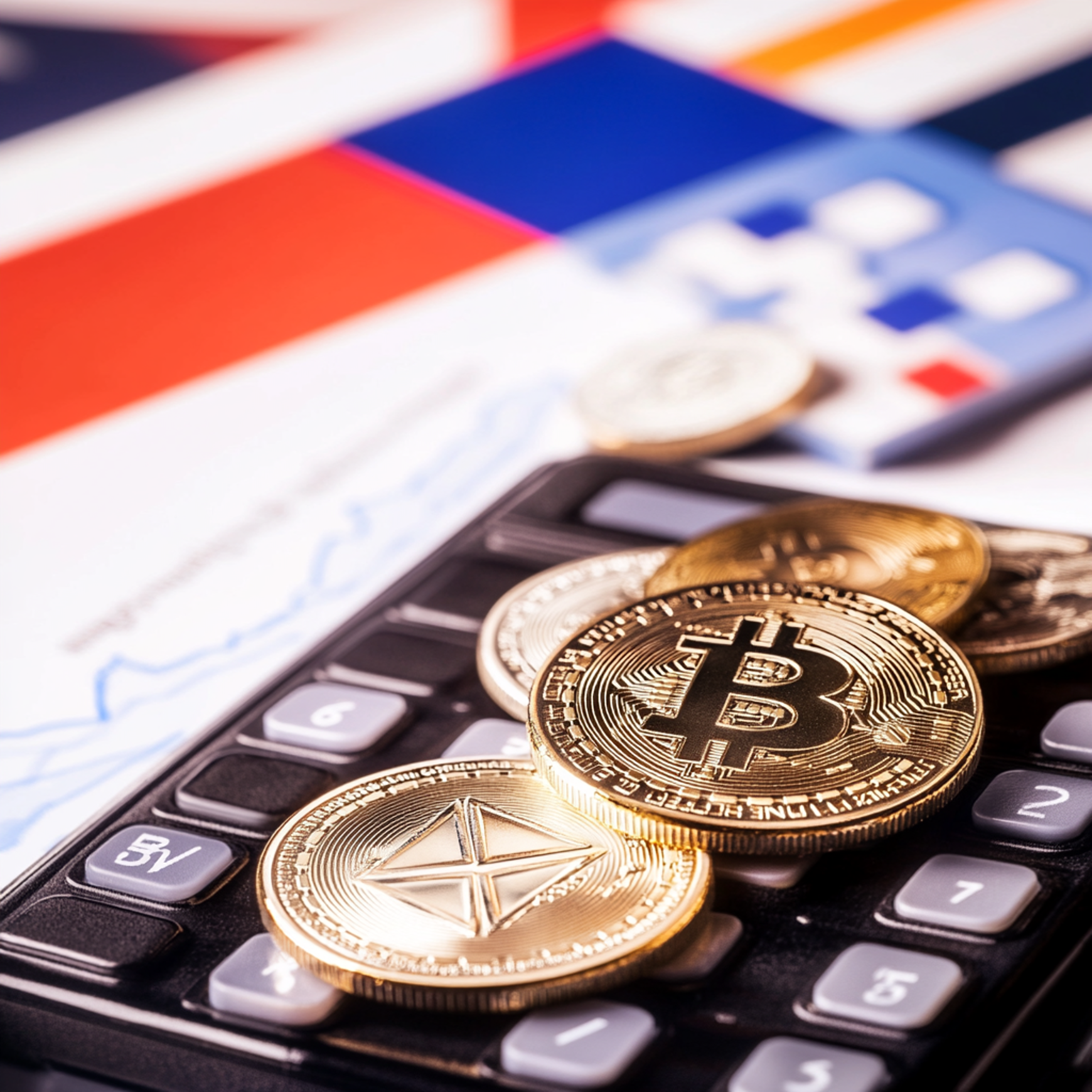 Illustratie van het concept van cryptobeleggingen rapporteren voor belastingaangifte in Nederland, met een digitaal cryptoportefeuille-overzicht, grafieken, winstcijfers en belastingdocumenten, die nauwkeurigheid en transparantie richting de Belastingdienst uitstralen.