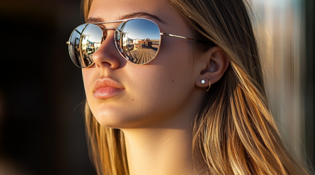 Een jonge vrouw met licht bruin haar en spiegelende zonnebril die naar links kijkt.