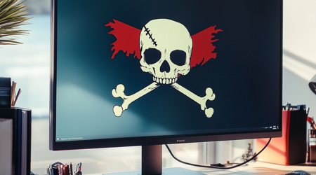 Een computer scherm met een piraten teken.