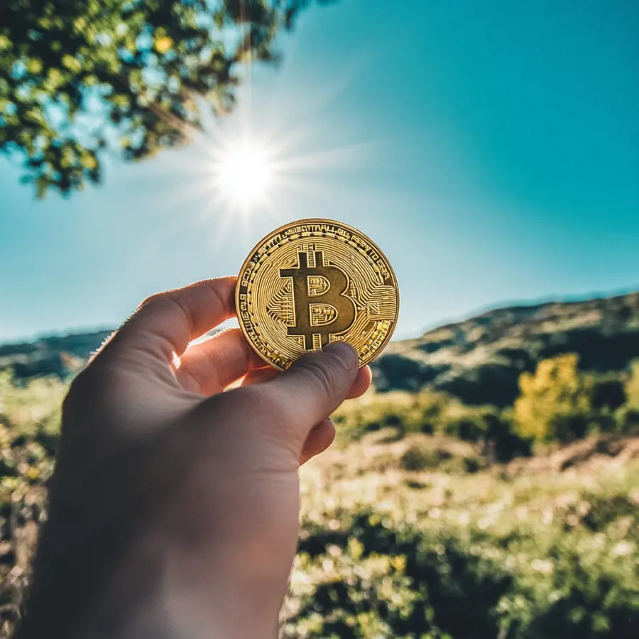 Een close-up van een hand die een bitcoin vasthoudt met een natuurlandschap in de achtergrond.