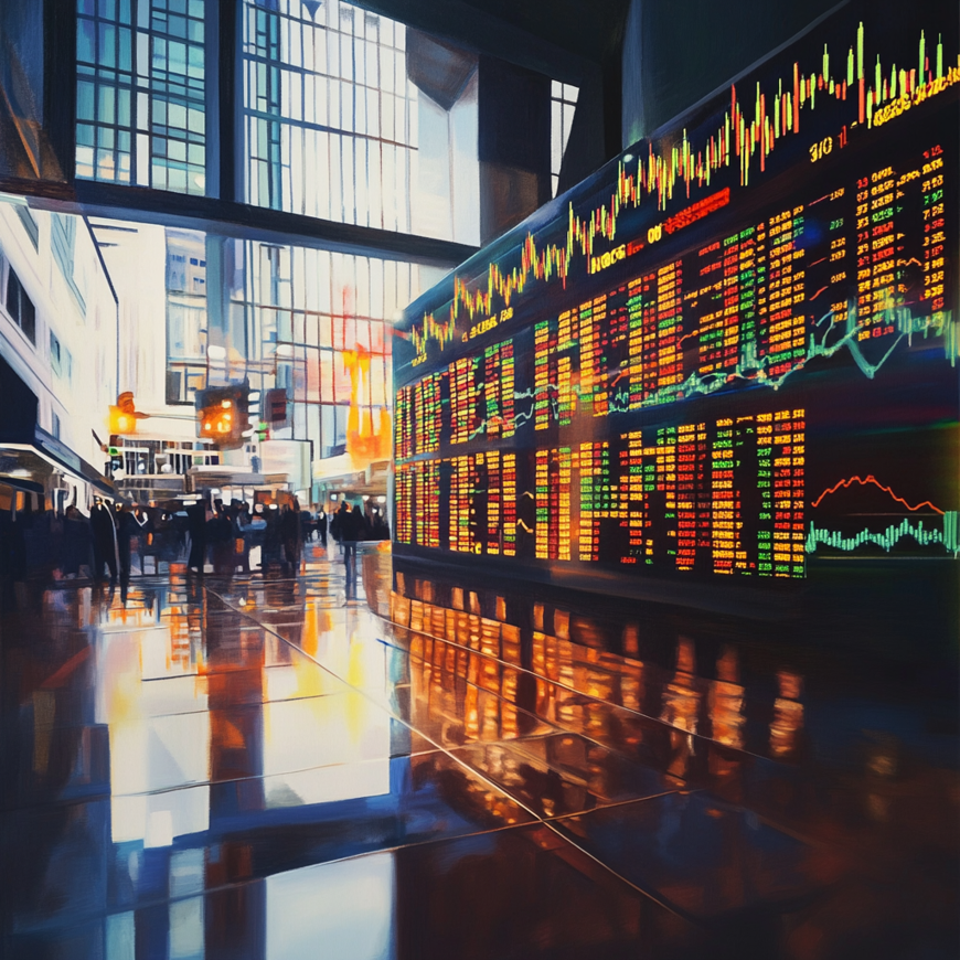 Een wand met daarop trading informatie