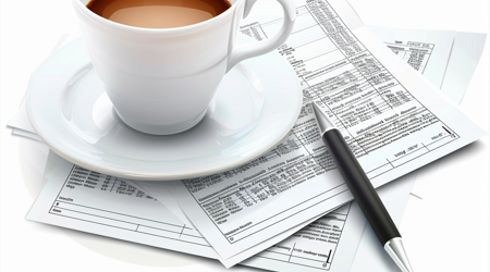 Een witte kop met koffie bovenop papieren met een pen.