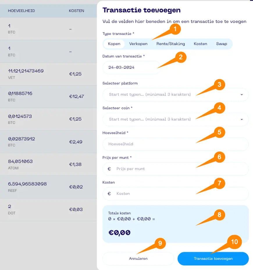Een screenshot van de Portfolio App met uitleg over de verschillende stukken van het Transactie toevoegen scherm.