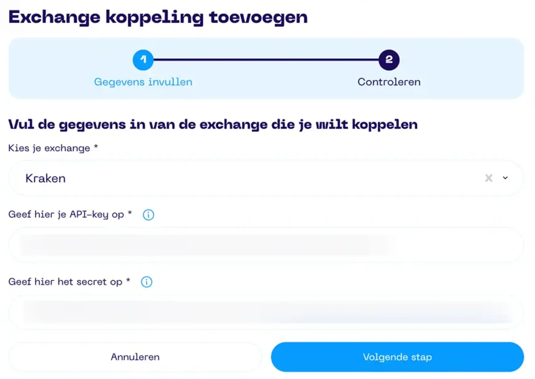 Een screenshot van de Portfolio App met schermonderdeel aanwijzingen voor koppelen van Kraken stap 1