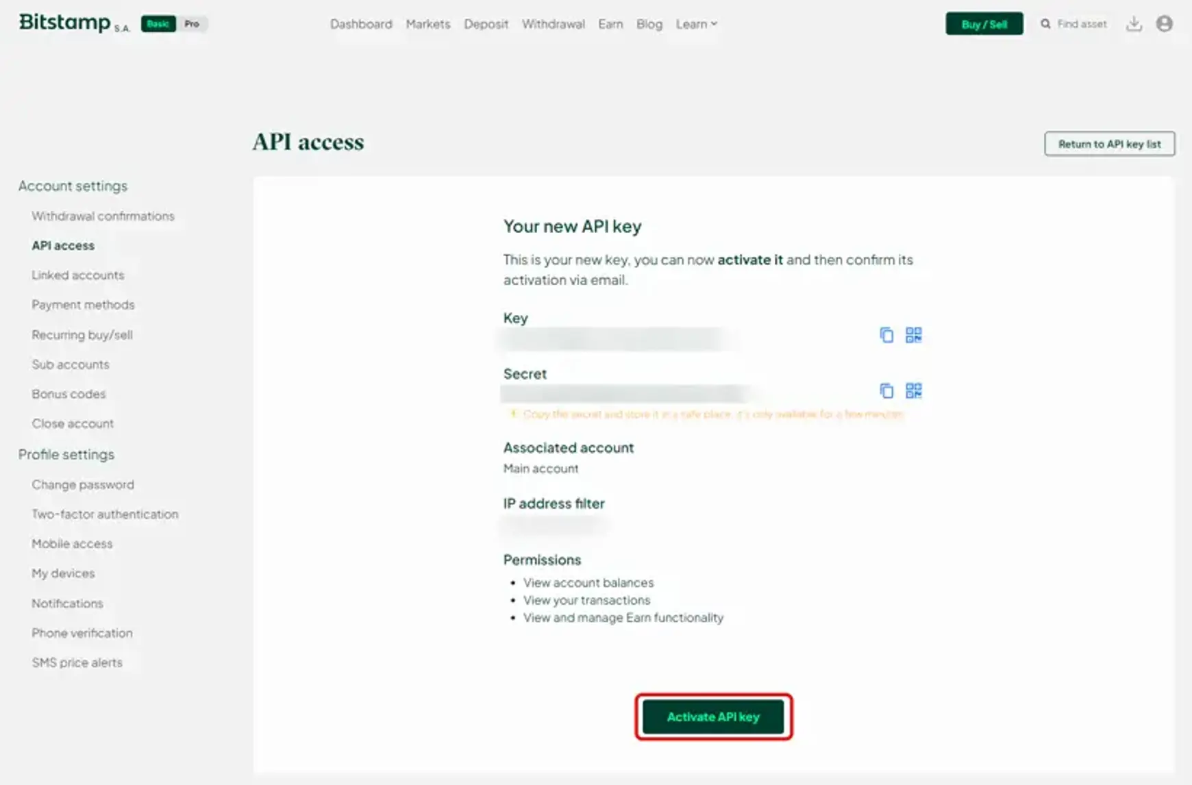 Screenshot van Bitstamp met een aanwijzing voor het activeren van je api key