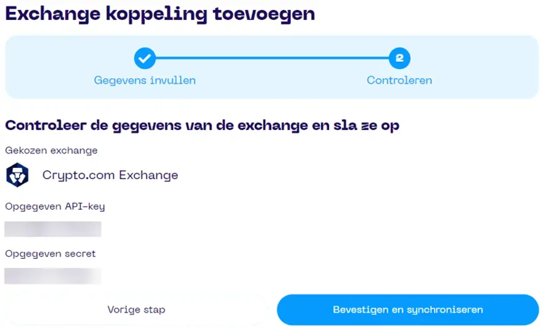 Een screenshot van de Portfolio App met schermonderdeel aanwijzingen voor koppelen van Crypto.com stap 2
