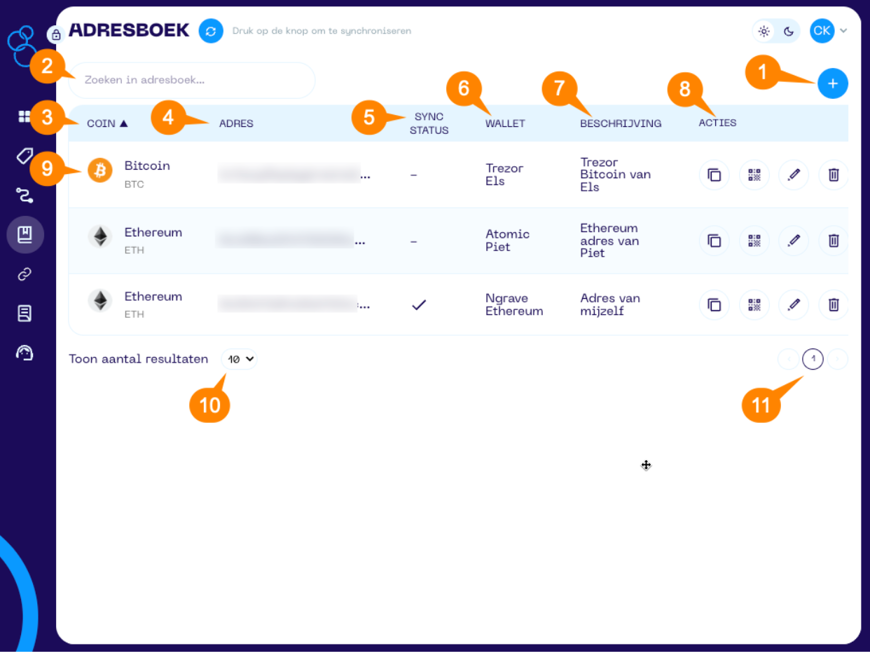 Een screenshot van de Portfolio App met schermonderdeel aanwijzingen voor het adresboek scherm