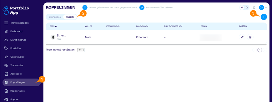 Een screenshot van de Portfolio App met schermonderdeel aanwijzingen voor het koppelingen scherm