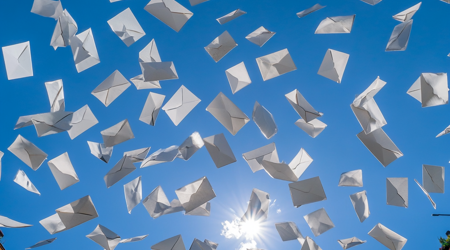 Heel veel witte enveloppen tegen een blauwe lucht