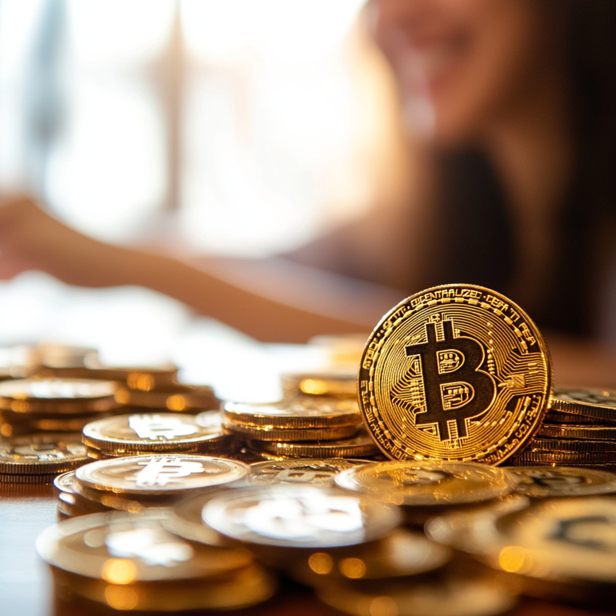 Een bitcoin in focus op een stapel andere bitcoins die niet in focus zijn