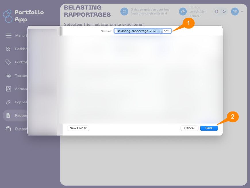 Een screenshot van de Portfolio App met schermonderdeel aanwijzingen voor het belasting rapportage scherm 2