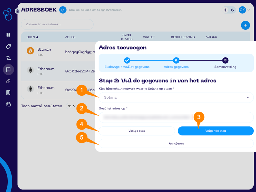 Een screenshot van de Portfolio App met schermonderdeel aanwijzingen voor het adres toevoegen scherm