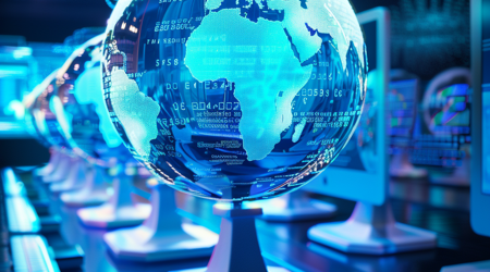 Meerdere blauw gekleurde wereldbollen op rij op een buro.