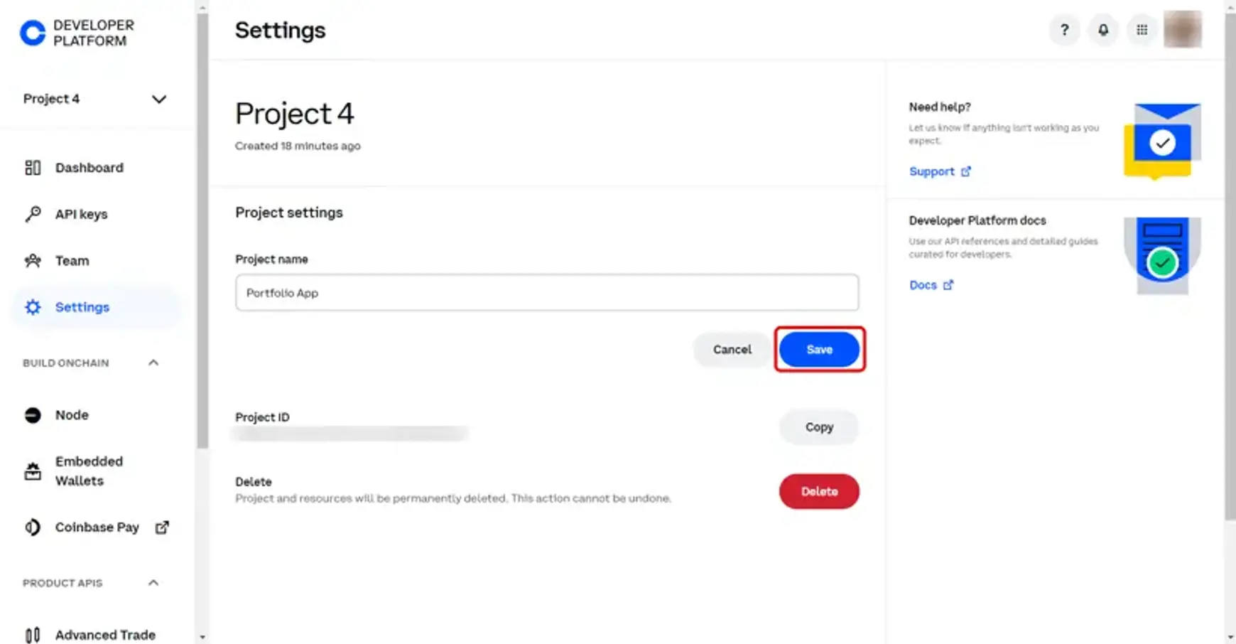 Screenshot van Coinbase met een aanwijzing voor project en save