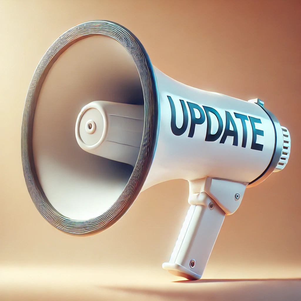 Een witte megafoon met het woord update erop geschreven