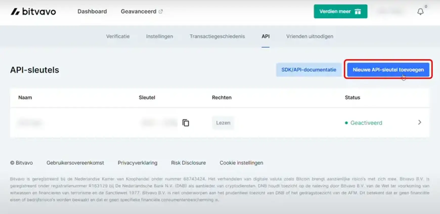 Een screenshot van Bitvavo met een overzicht van API-sleutels