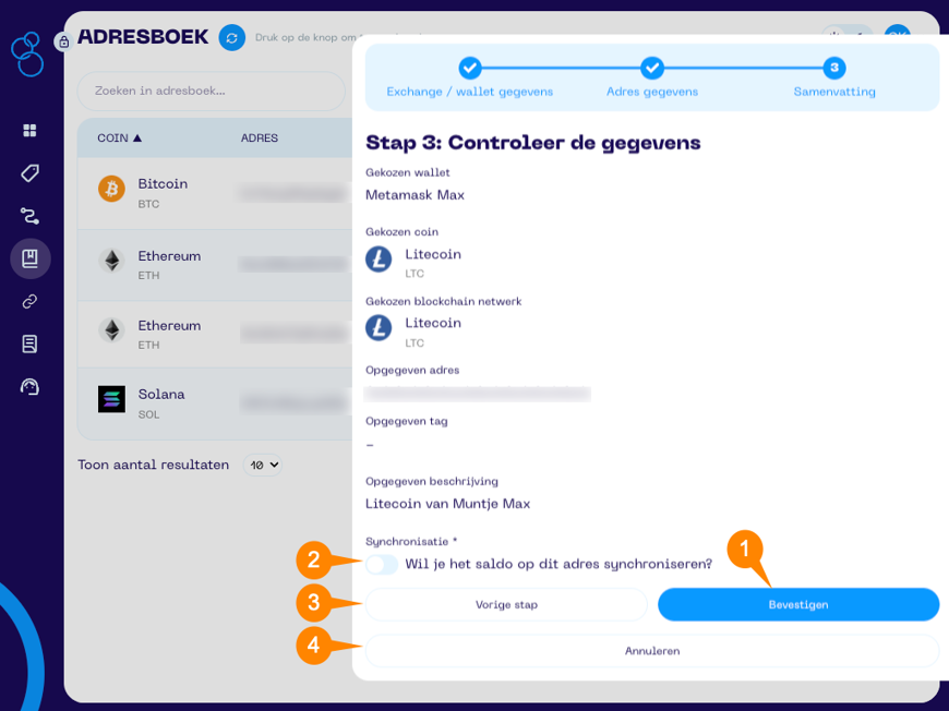 Een screenshot van de Portfolio App met schermonderdeel aanwijzingen voor het adres toevoegen scherm