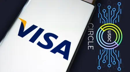 De logos van visa en circle met de stable coin USDC