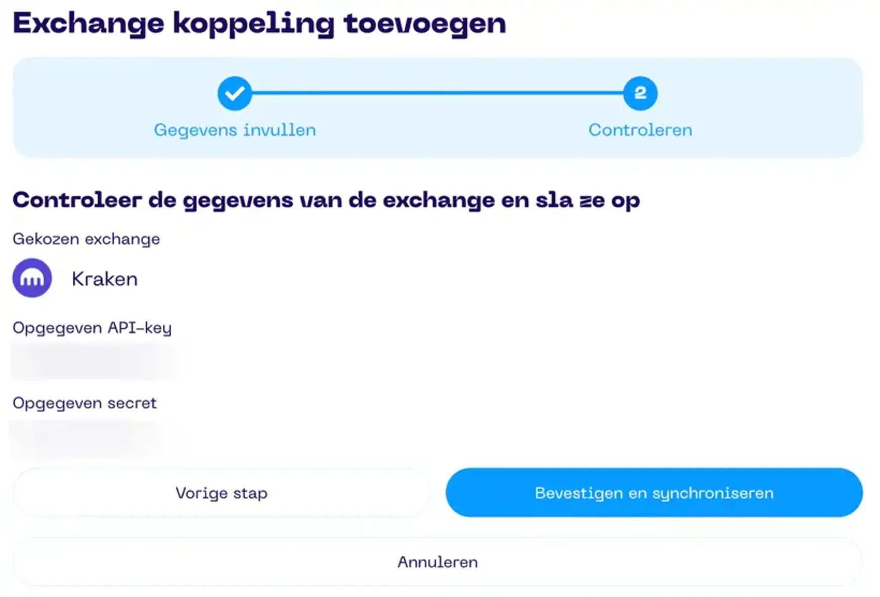 Een screenshot van de Portfolio App met schermonderdeel aanwijzingen voor koppelen van Kraken stap 2