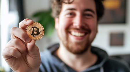 Een glimlachende man die voor de camera een bitcoin in zijn hand vasthoudt.
