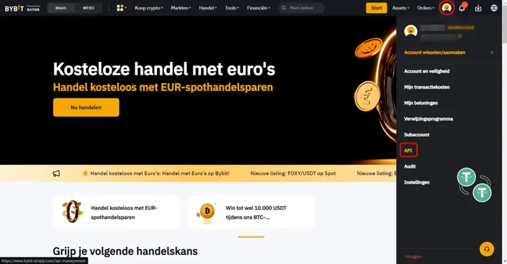 Screenshot van Bybit met een aanwijzing voor profiel en api