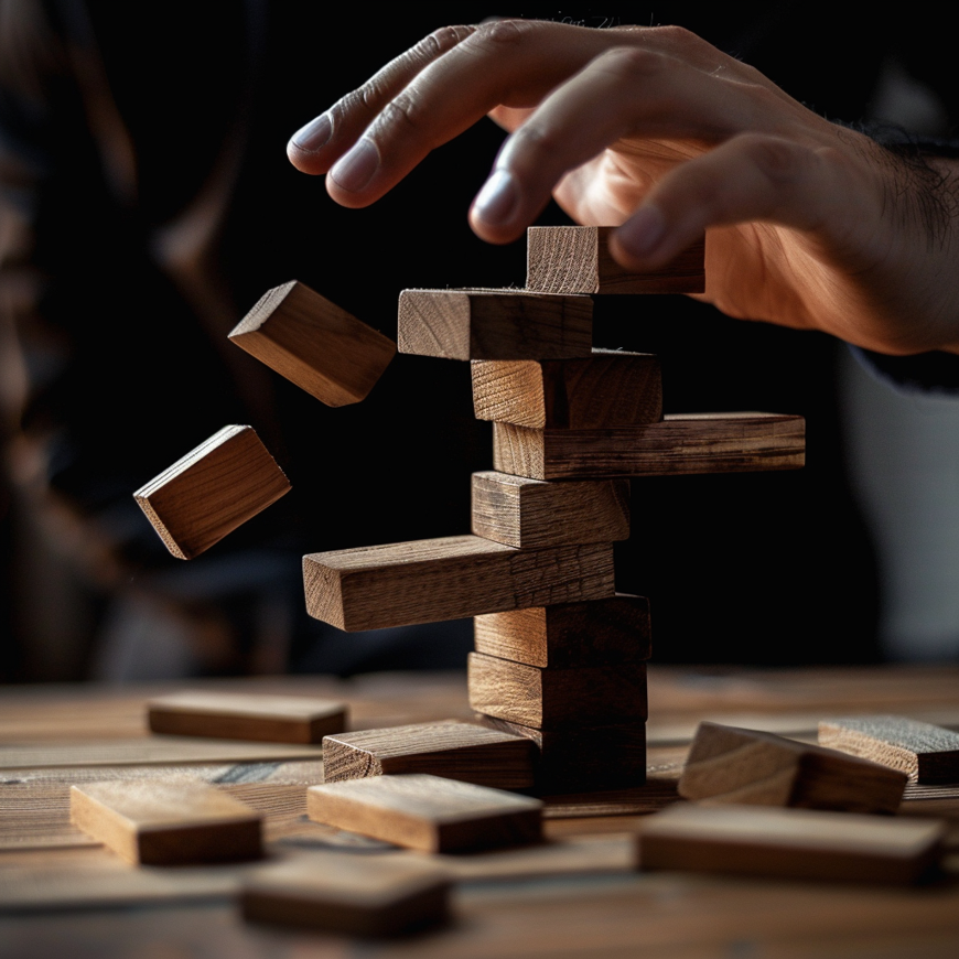 Een stapel stenen die omvallen door een hand die er boven tegen aan komt.
