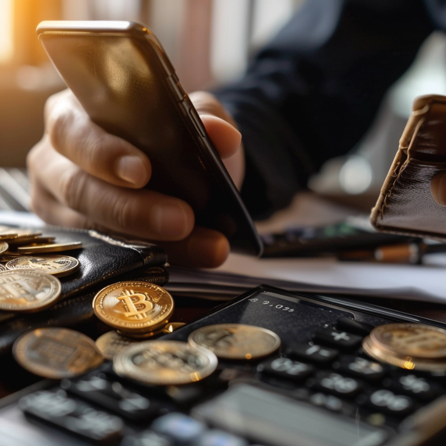 Een man met een mobiel in zijn hand met op het buro een aantal crypto munten waar Bitcoin zichtbaar is.