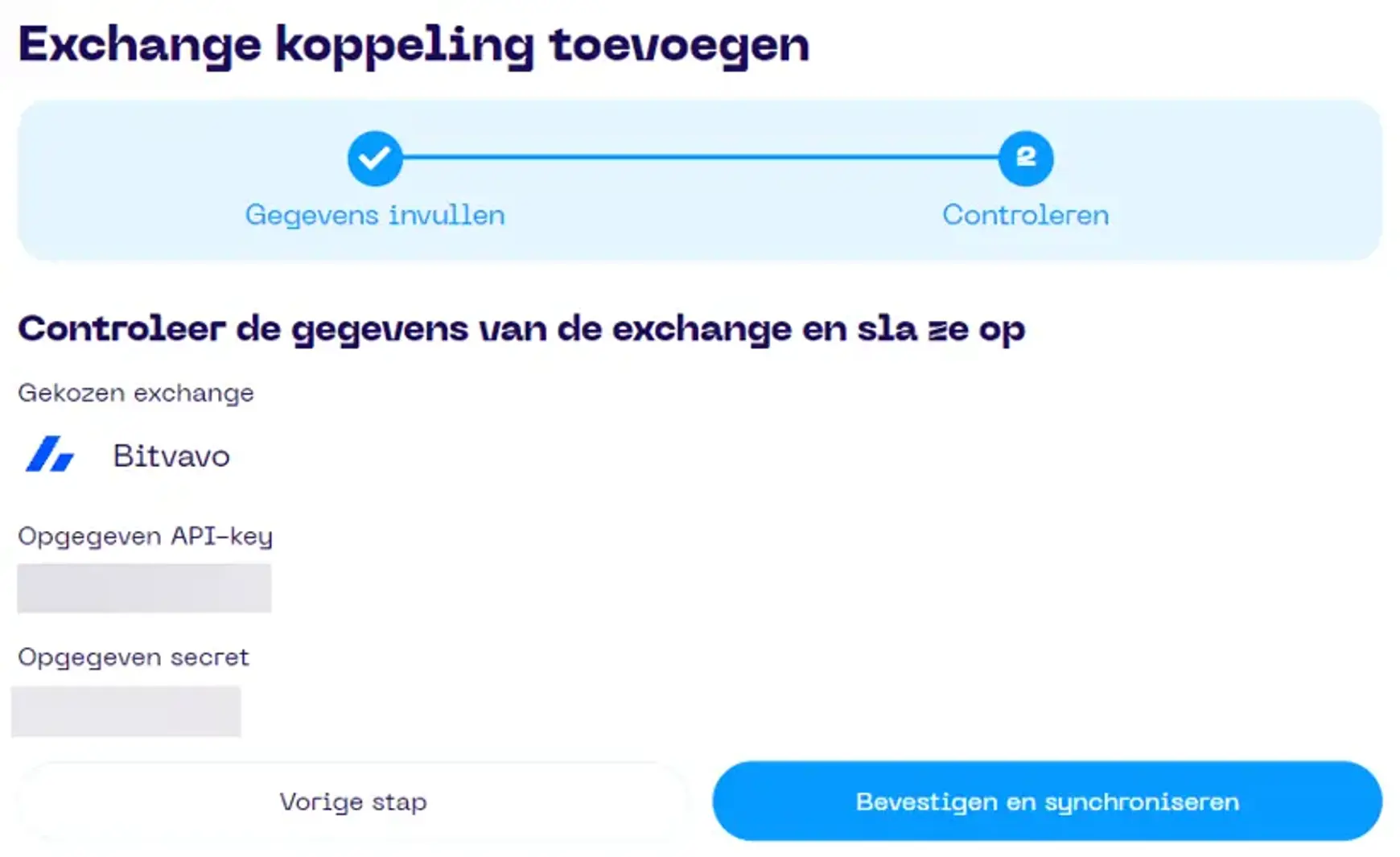 Een screenshot van de Portfolio App met schermonderdeel aanwijzingen voor het exchange toevoegen scherm