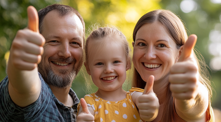 Een man, vrouw en dochter die naar de camera kijken met hun duimen omhoog.