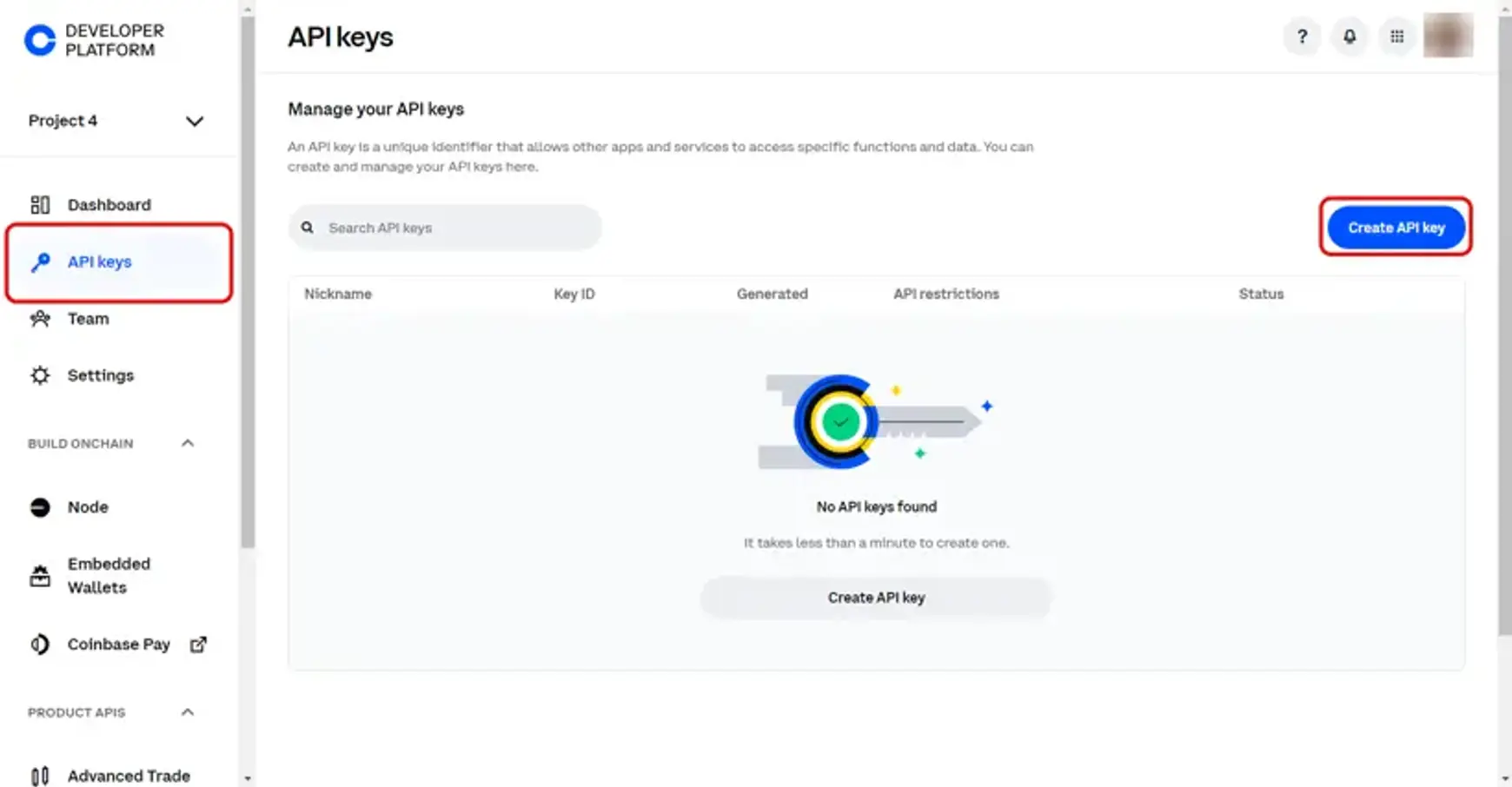 Screenshot van Coinbase met een aanwijzing voor api keys en create api key