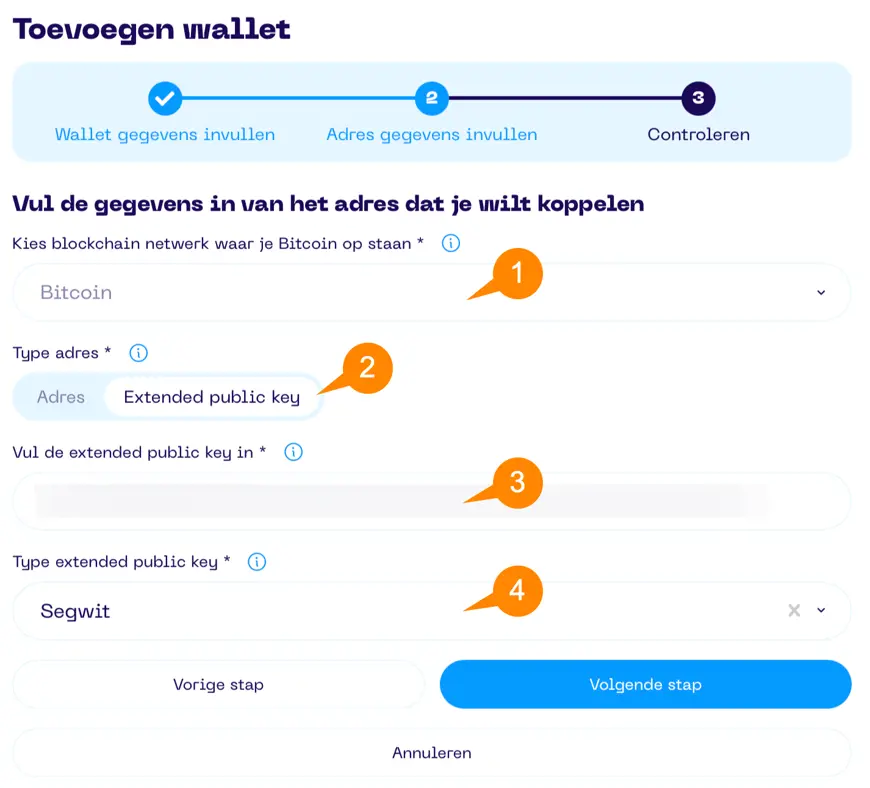 Een screenshot van de Portfolio App met schermonderdeel aanwijzingen voor het wallet toevoegen scherm 1