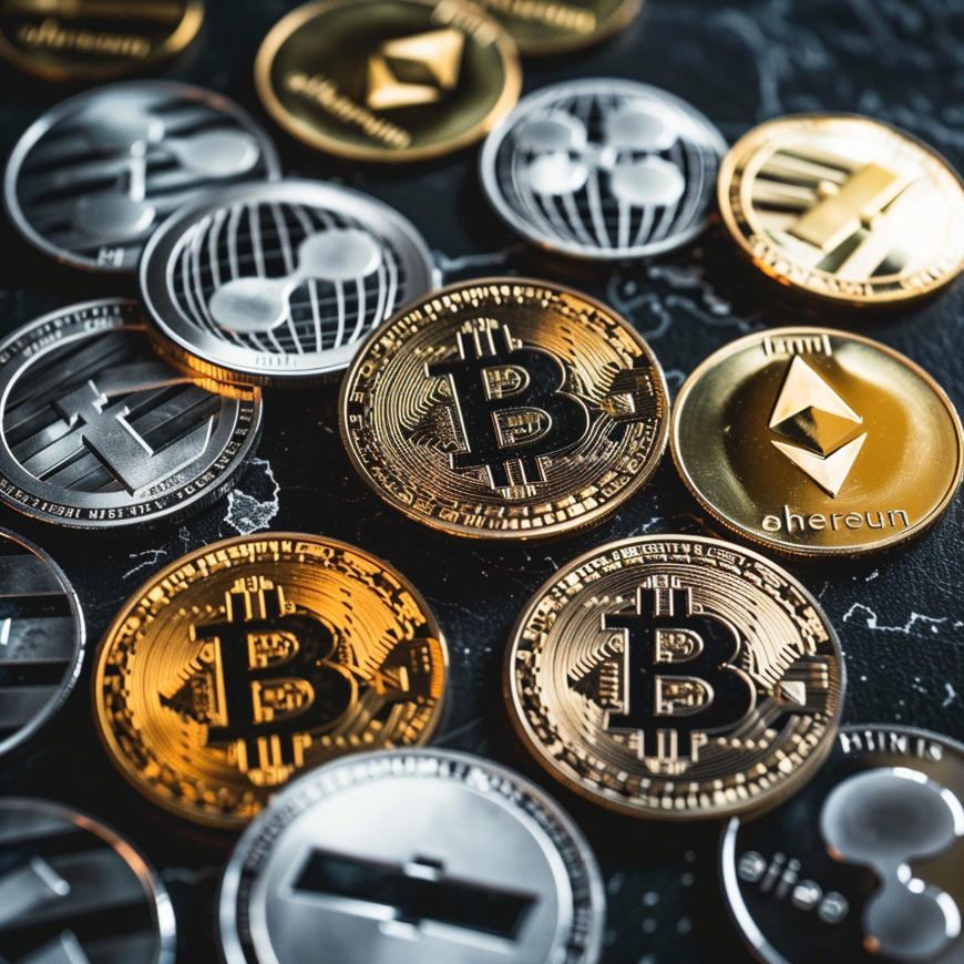 Een close-up van verschillende digitale munten, waaronder Bitcoin en Ethereum, tegen een donkere achtergrond met subtiele texturen, die de diversiteit in blockchaintechnologie symboliseert.