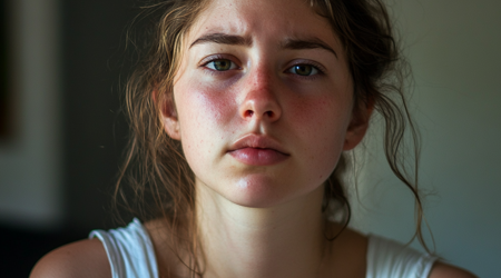 Een joge vrouw in witte hemd die niet blij kijkt