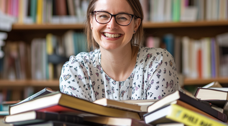 Een glimlachende vrouw achter een stapel boeken