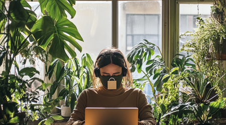 Een vrouw met een mondkapje met een hangslot er op die achter een laptop zit.